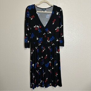 ModCloth Black Floral Ruching 3/4 Sleeves Midi Dress, Sz Large